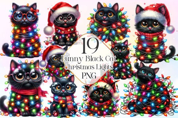 Download Black Cat with Christmas Lights Clipart - Clipart Collection