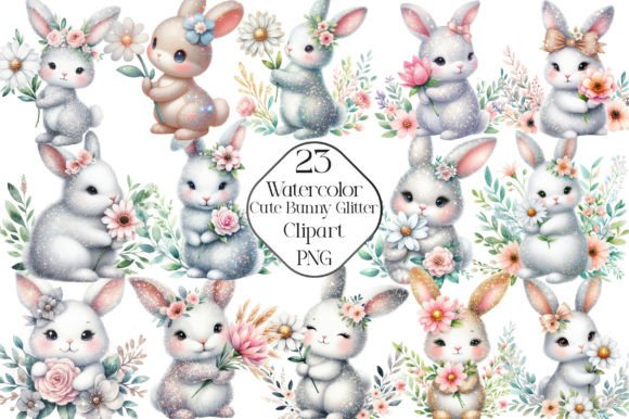 Download Watercolor Cute Bunny Glitter Clipart - Clipart Collection