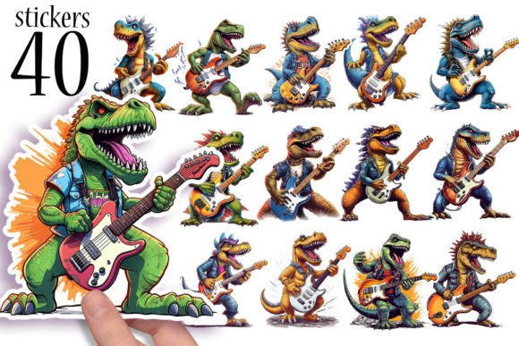 Download Dinosaur Stickers - TRex Playing Guitar - Dinosaur stickers Collection